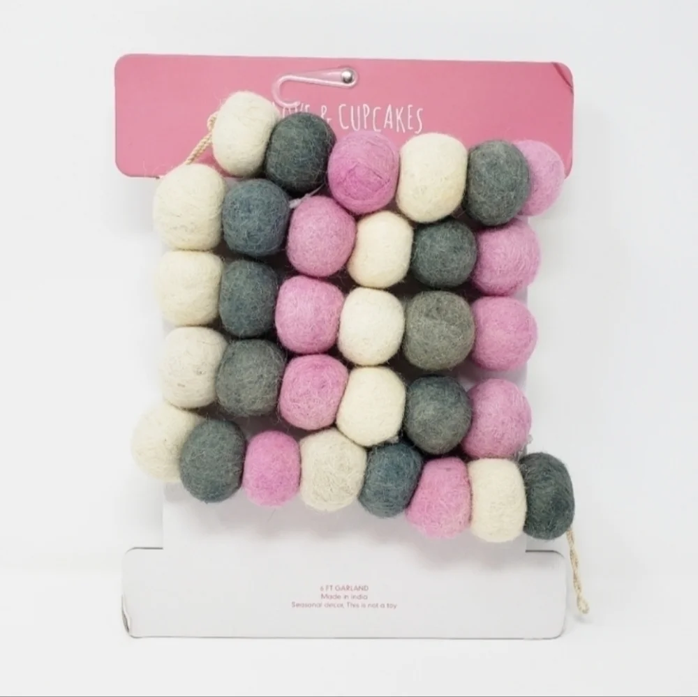 Love & Cupcakes Felted Wool Pom Pom Ball Garland Valentine's Day